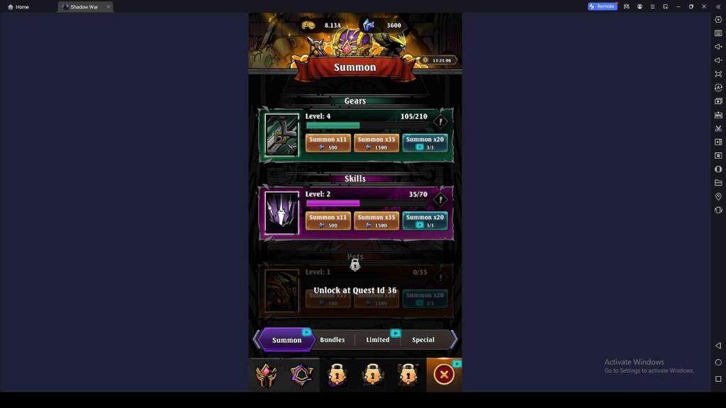 Summon Items, Pets and Skills in Shadow War: Idle RPG Survival Gameplay