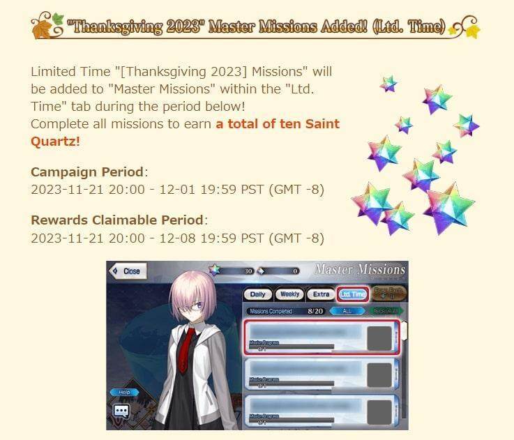 Fate/Grand Order Thanksgiving Celebration Campaign Rewards Guide