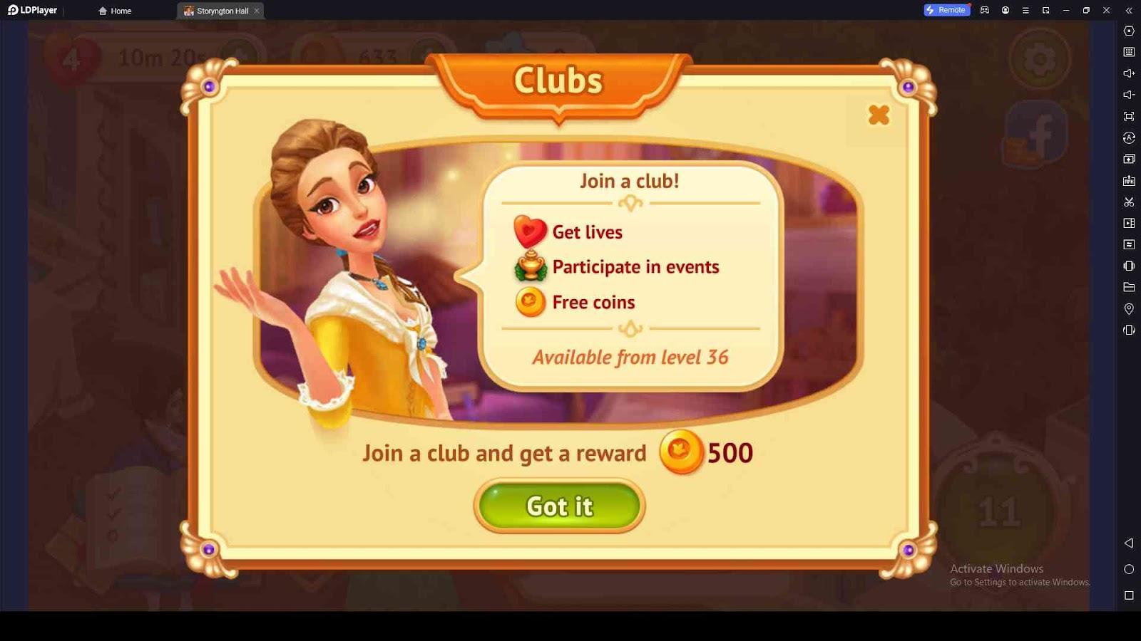 Join a Club in Storyngton Hall: Match 3 games
