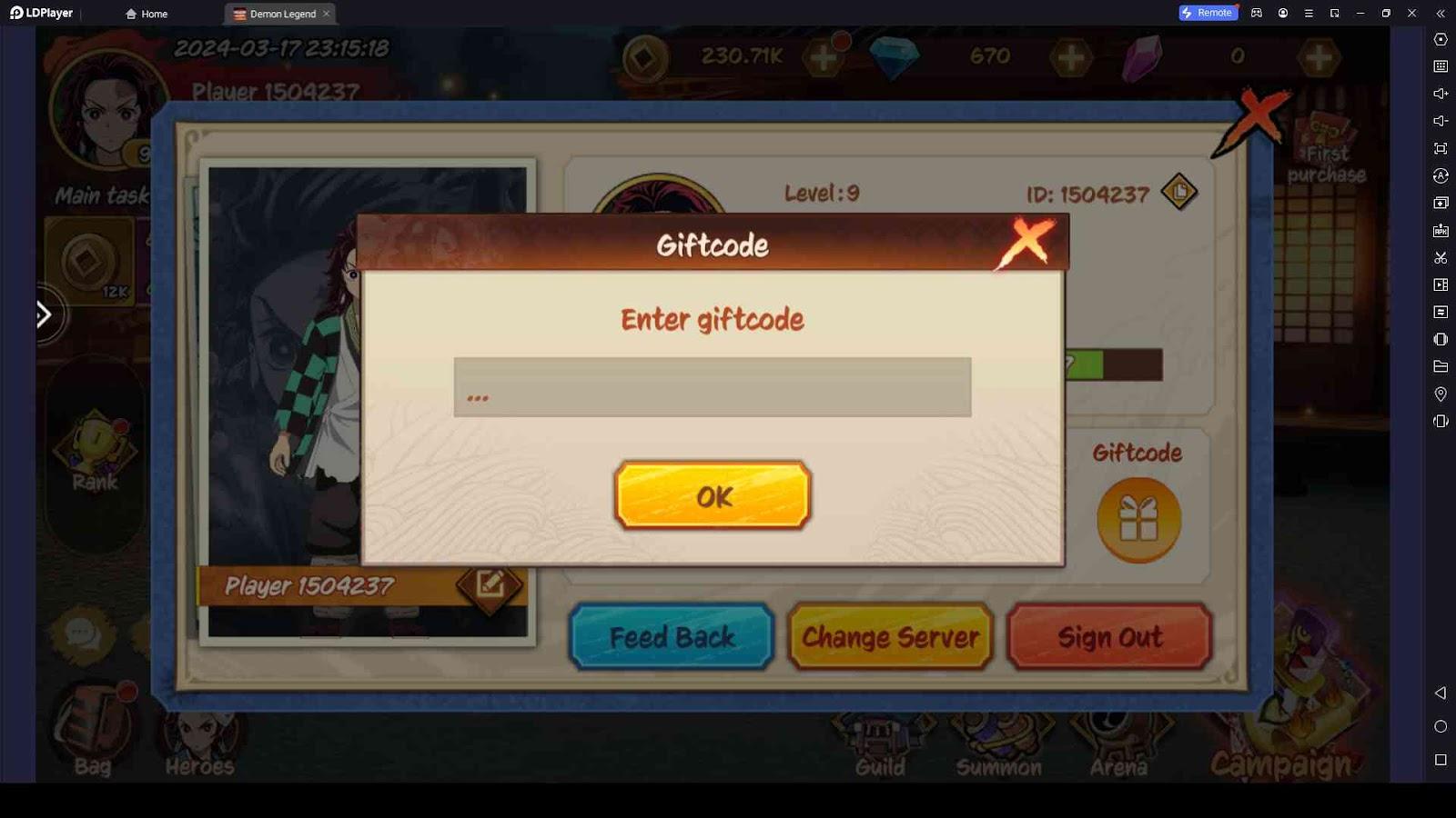 Redeeming Process for the Codes in Demon Legend: Fury
