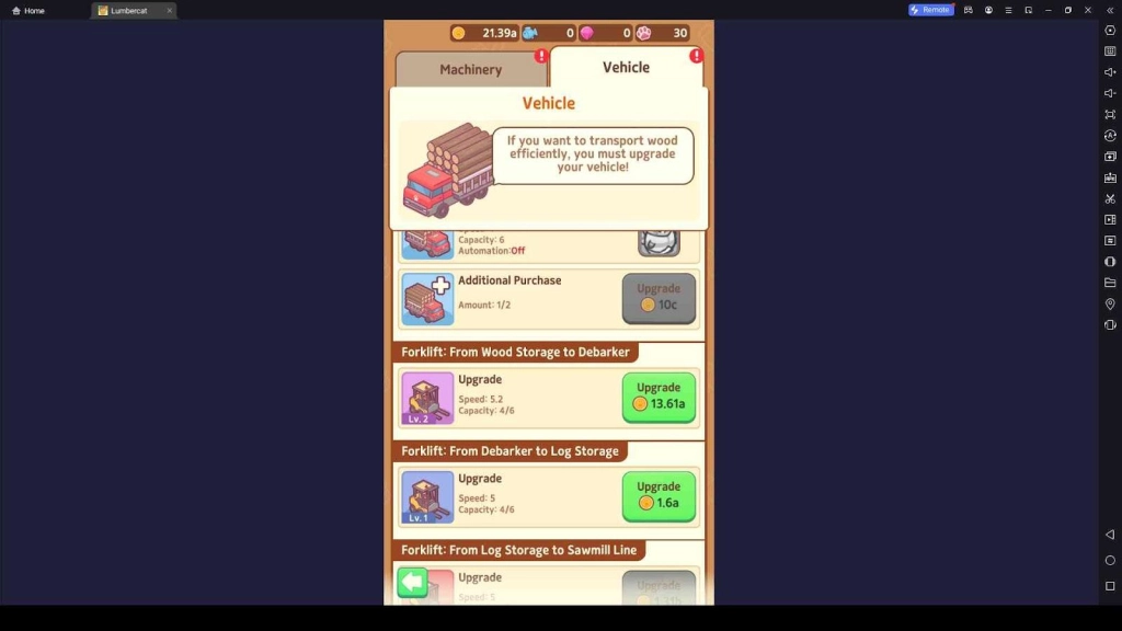 Upgrades in Lumbercat: Idle Tycoon