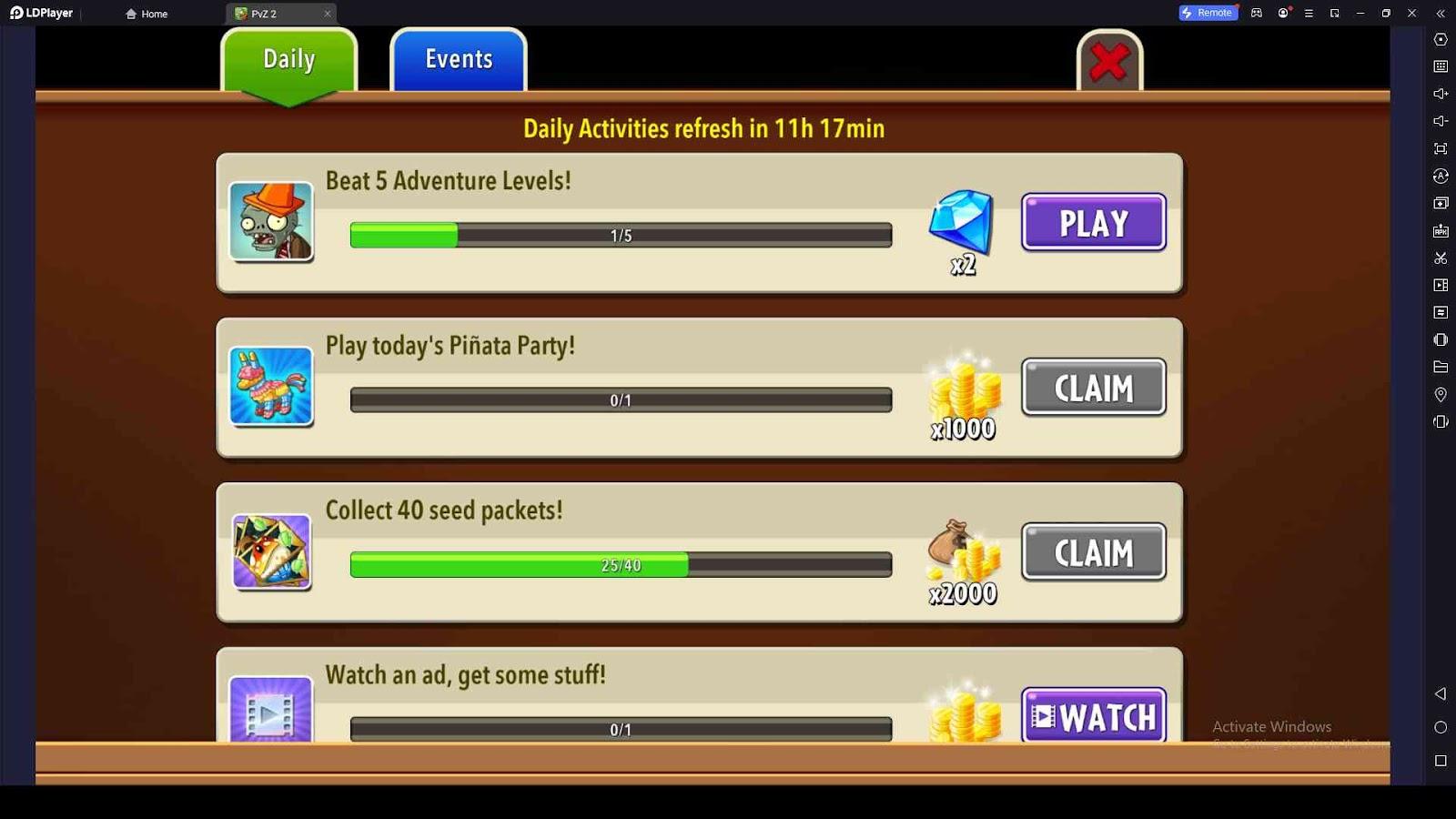 Complete Daily and Event Tasks in Plants vs Zombies 2