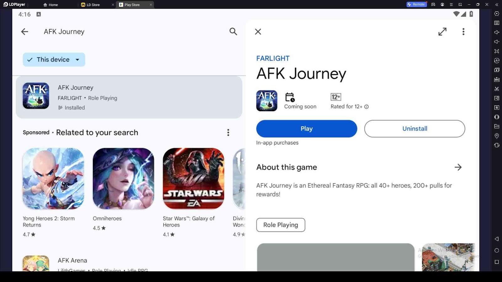 Playing AFK Journey on PC with LDPlayer