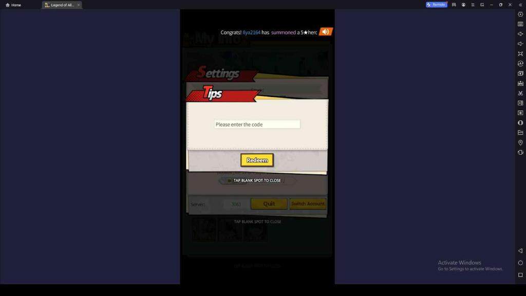 Redeeming Process for the Codes in Legend Of Allstar